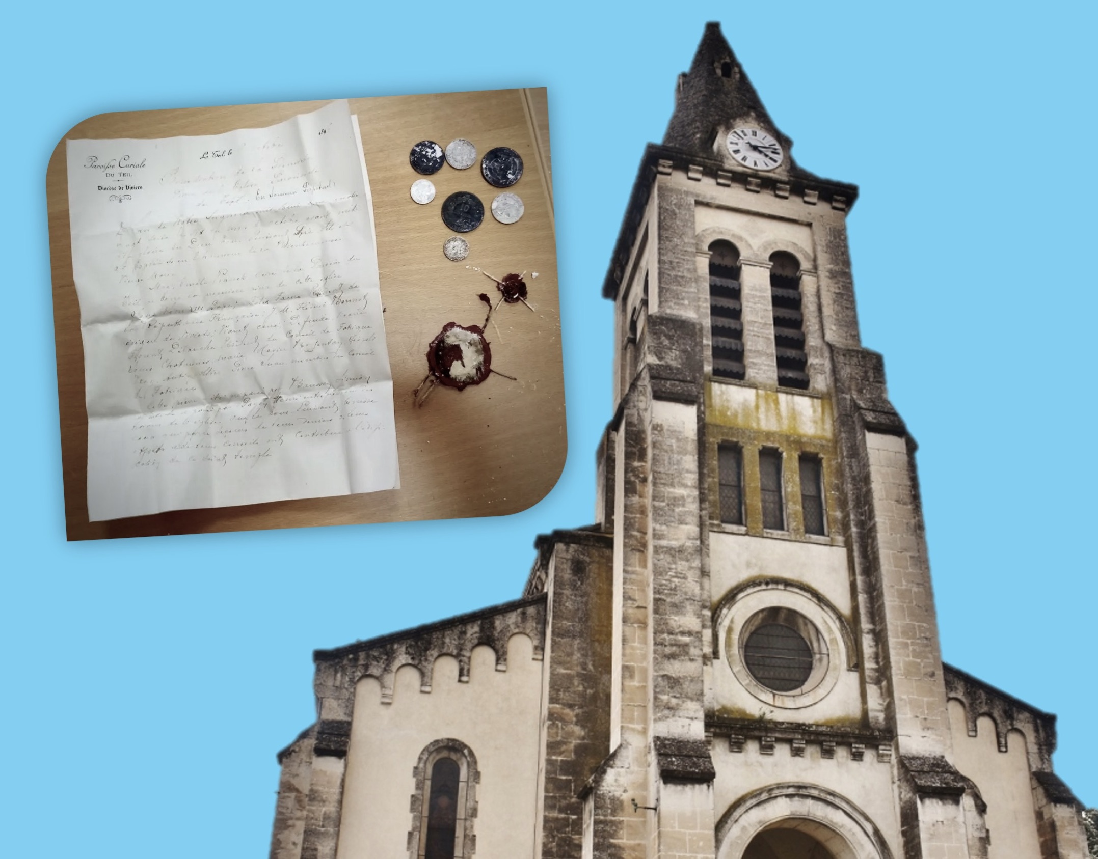 collage met kerktoren van Le Teuil en de inhoud van de tijdscapsule