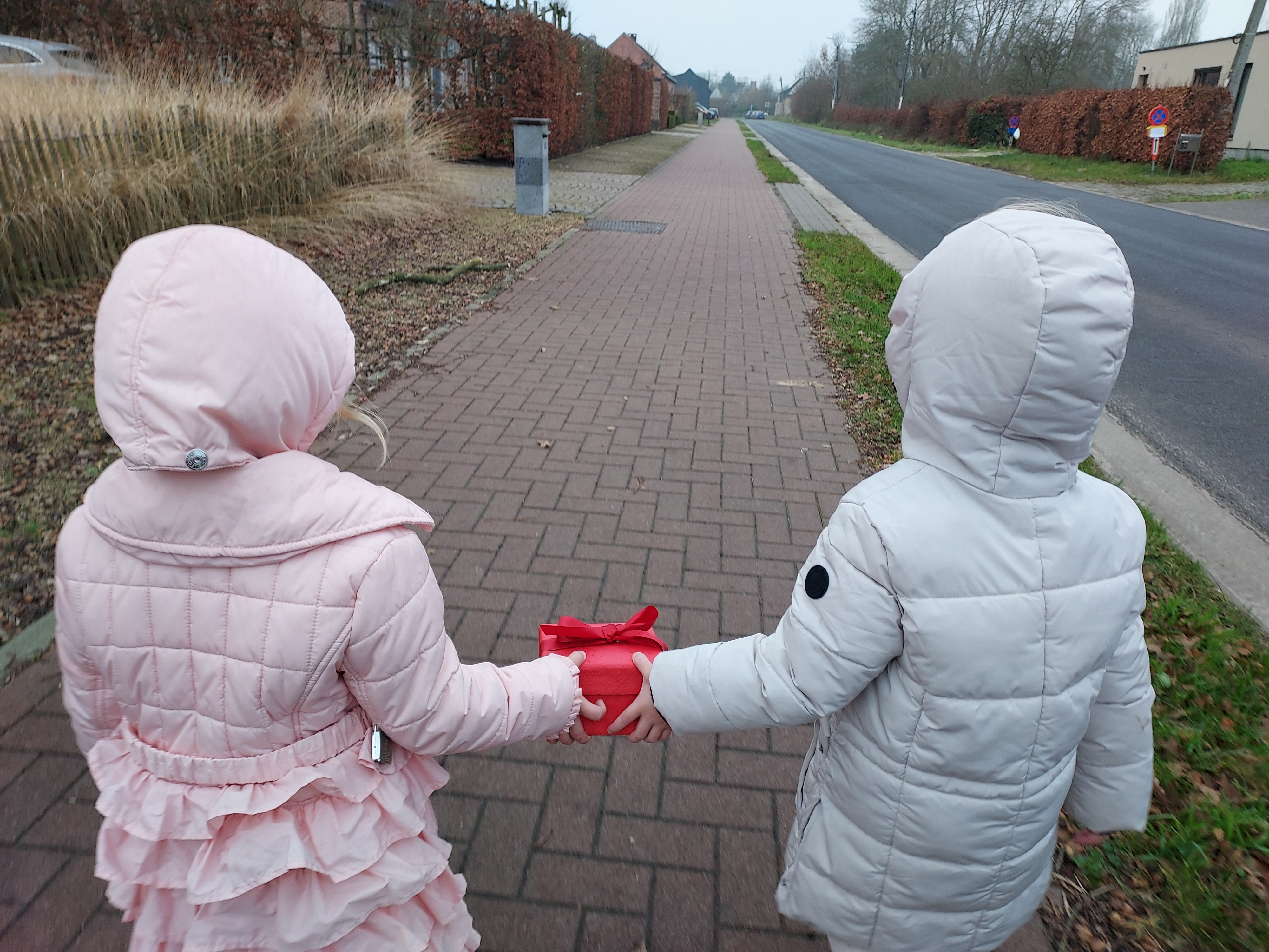 Twee kinderen zijn op wandel met een rood pakje.