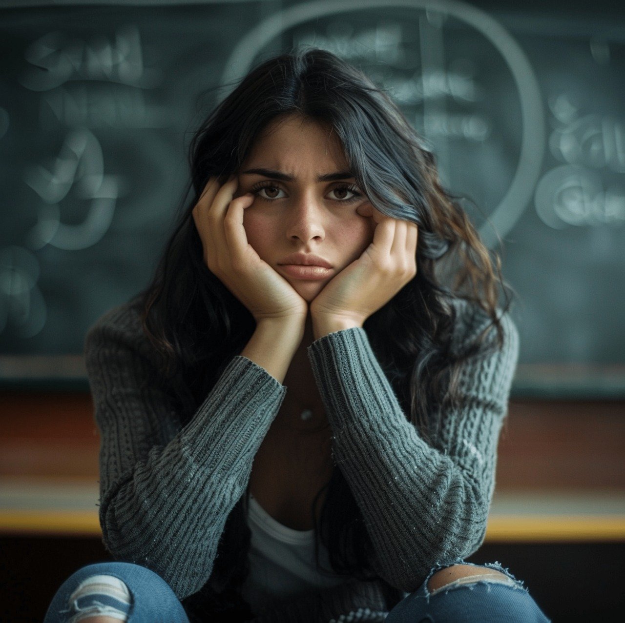 Een teleurgestelde en boze vrouw zit gehurkt met de handen om haar gezicht.