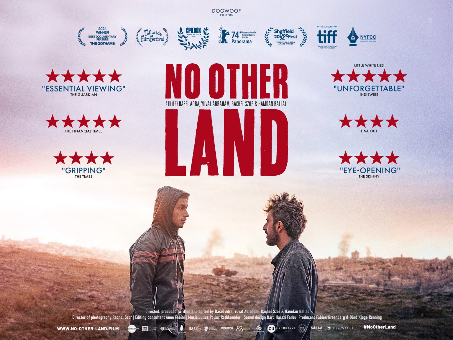 Affiche van 'No Other Land', met vermelding van gewonnen prijzen.