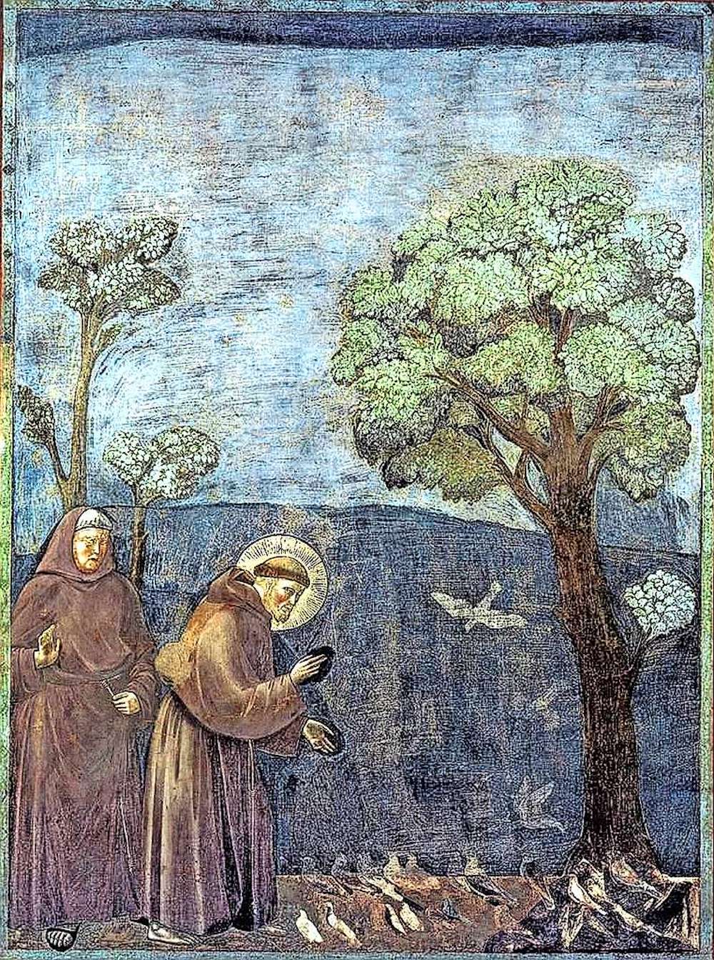 De Italiaanse schilder Giotto vereeuwigde op het einde van de dertiende eeuw Franciscus van Assisi terwijl die spreekt met de dieren. © Publiek domein