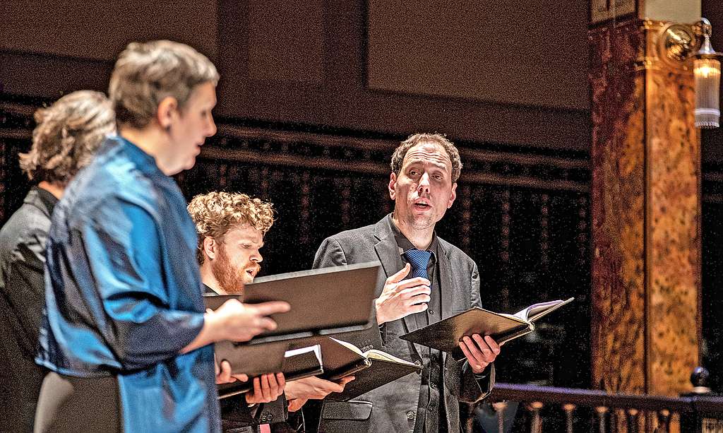 Vox Luminis onder leiding van Lionel Meunier (rechts) legt zich toe op Duitse religieuze barokmuziek. © Vox Luminis