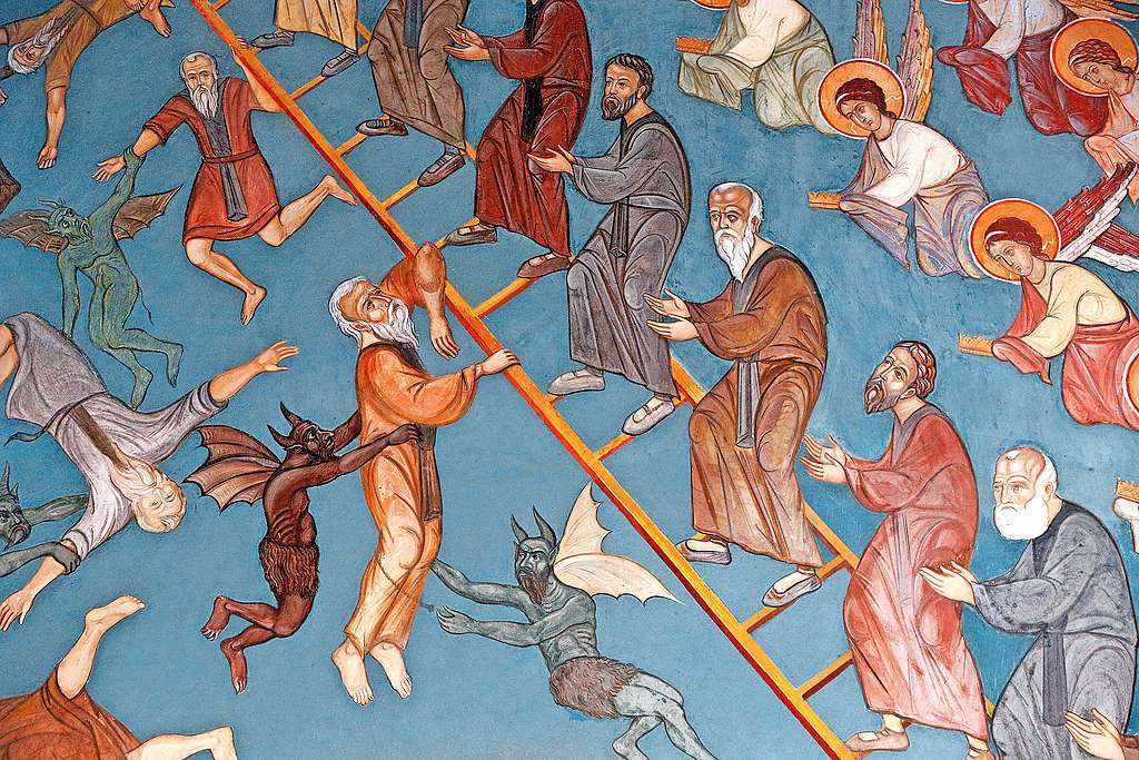 Fresco in een kerk op Cyprus: duivels proberen mensen van de ladder te trekken. © Belga Image