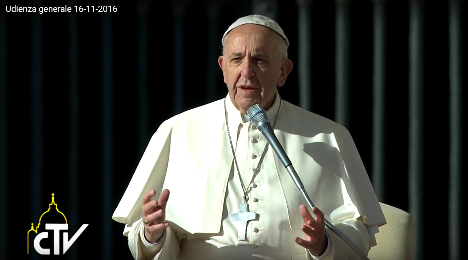 Paus Franciscus tijdens de algemene audiëntie op woensdag 16 november