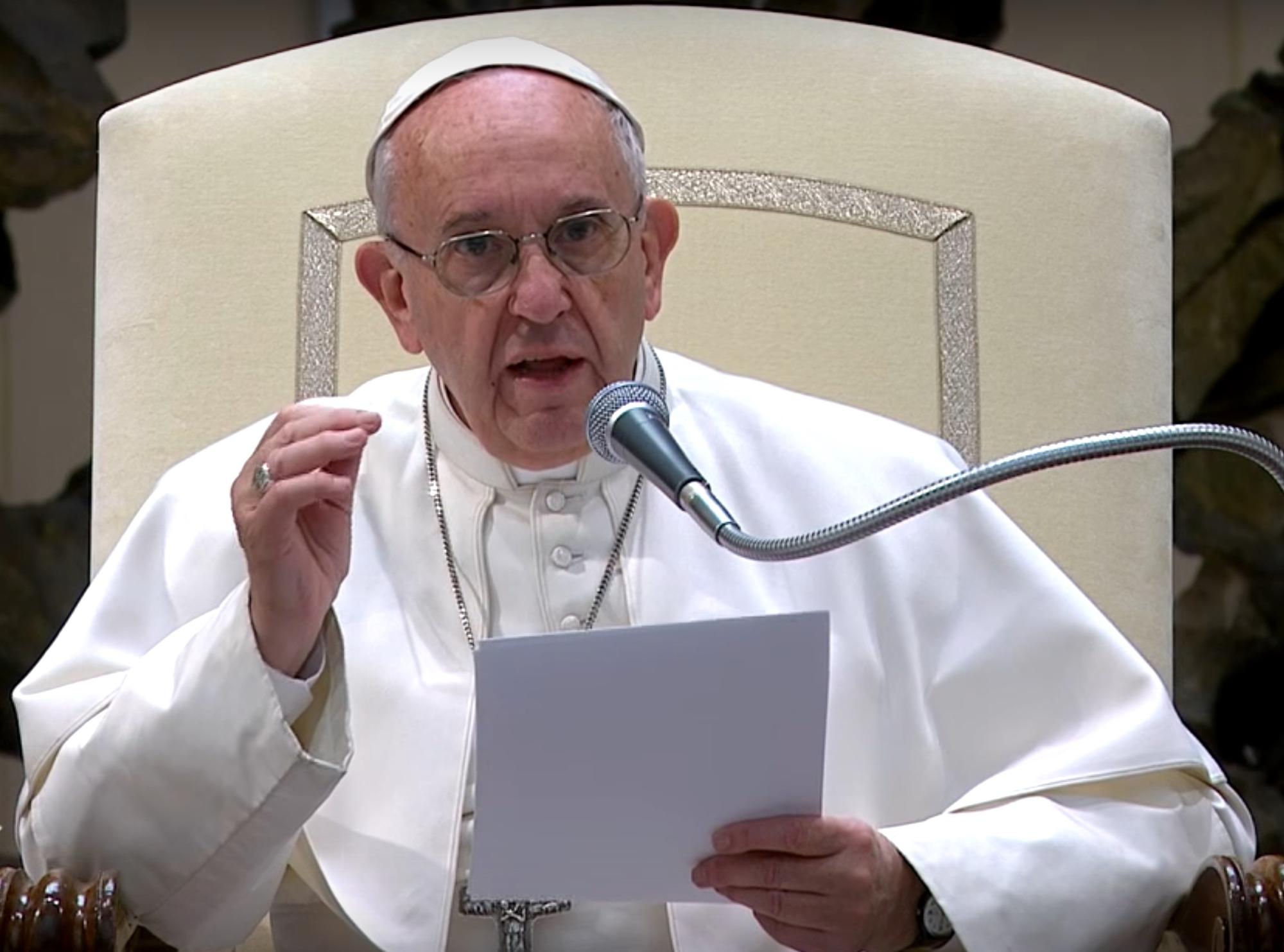 Paus Franciscus tijdens de algemene audiëntie in de Paulus VI Aula op woensdag 28 december 2016