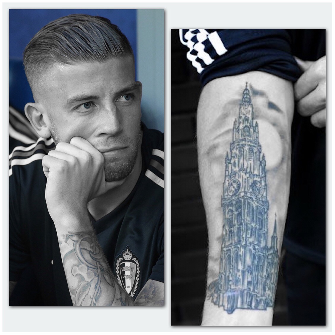 Toby Alderweireld draagt de Antwerpse kathedraal op zijn rechterarm.