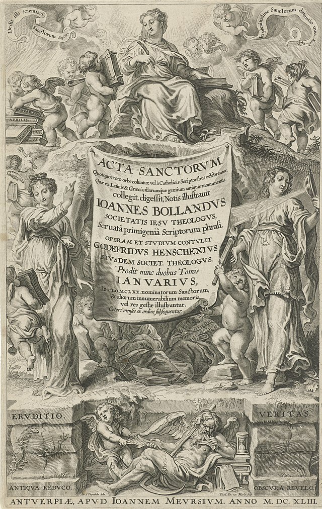 Allegorie met Geschiedenis, Geleerdheid en Waarheid - Titelpagina van de Acta sanctorum van Joannes Bollandus