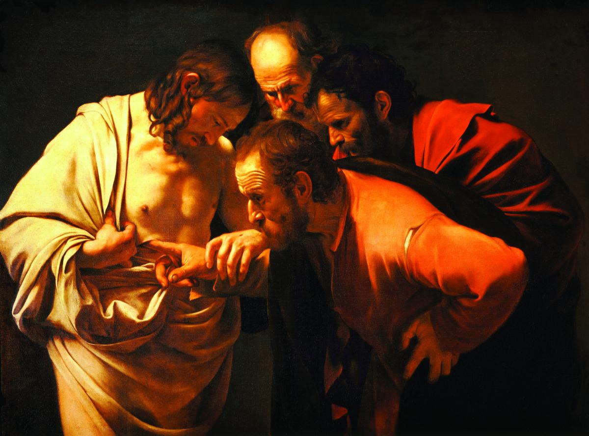 Waar was Thomas eigenlijk toen Christus zich een eerste keer toonde? Schilderij: Caravaggio, De ongelovige Thomas, 1602-03) 