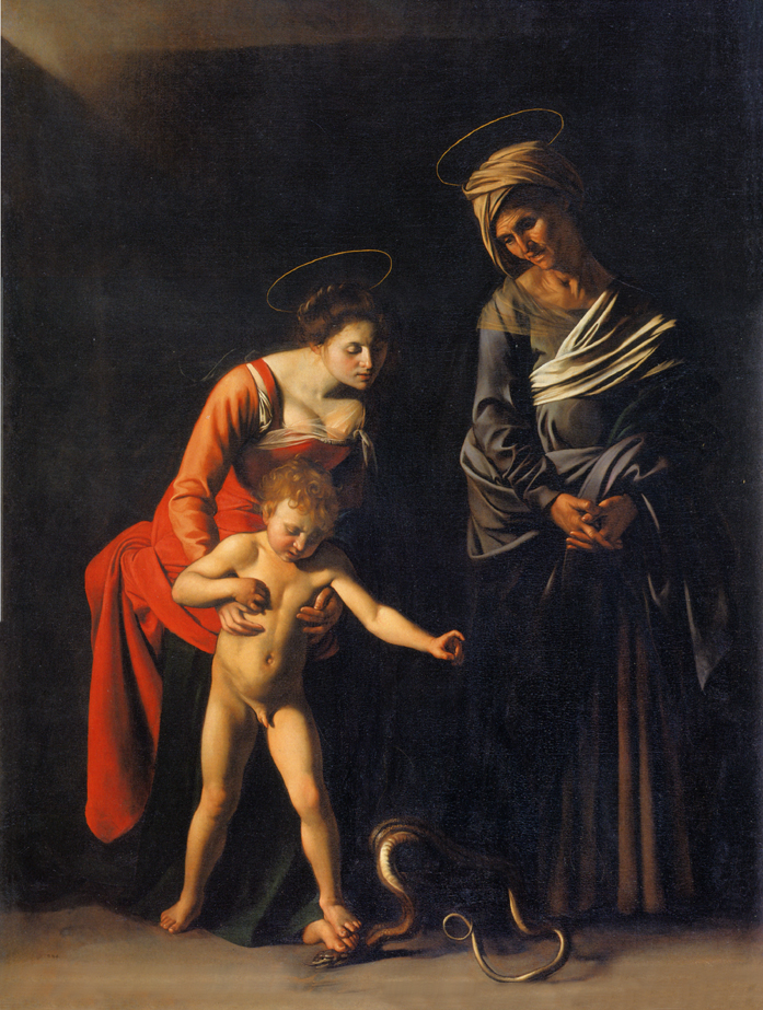 In dit schilderij van Caravaggio vertrapt Maria samen met Jezus de slang die symbool staat voor de erfzonde. De heilige Anna, moeder van Maria, heeft er ook haar aandeel in.
