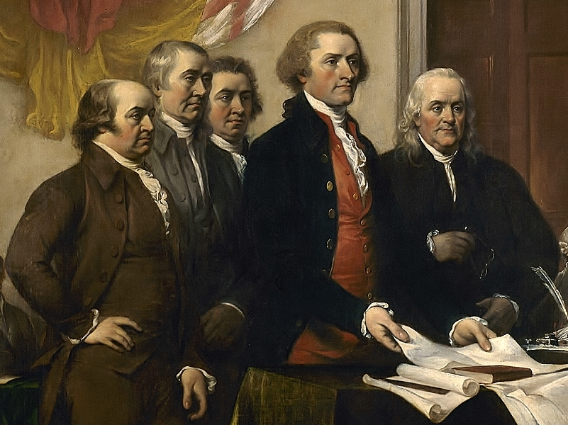 Het 'Committee of Five': John Adams, Benjamin Franklin, Thomas Jefferson, Robert R. Livingston en Roger Sherman 