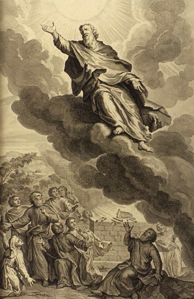 Henoch 'wandelt met God' en wordt in de hemel opgenomen. Illustratie uit 'Figures de la Bible', 18de eeuw.