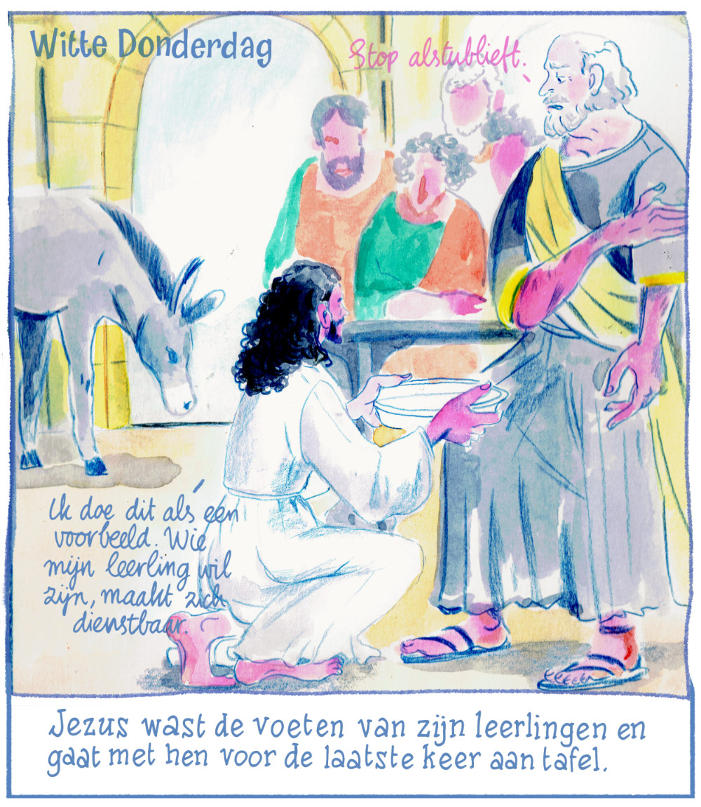 Jezus wast de voeten van de leerlingen, maar Petrus begrijpt het niet.