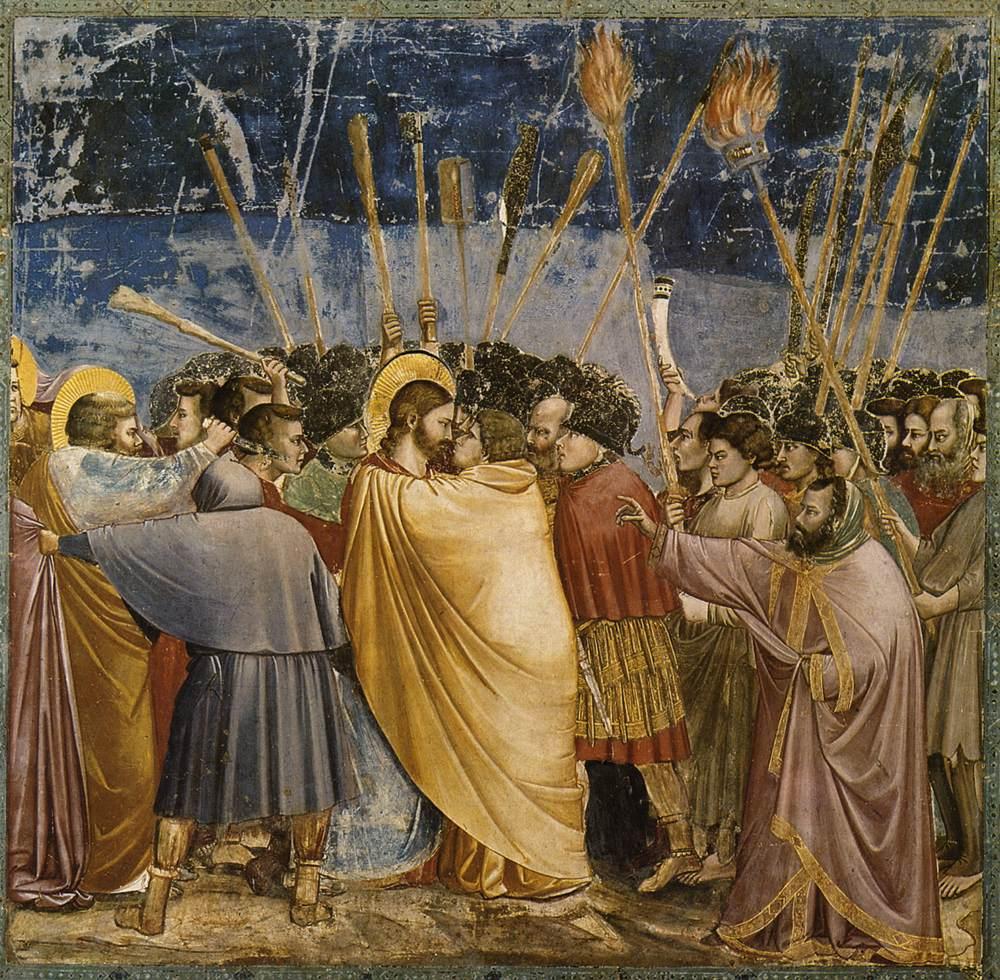 Judas, de 13de leerling, verraadt Jezus met een kus. Schilderij van Giotto di Bondone.