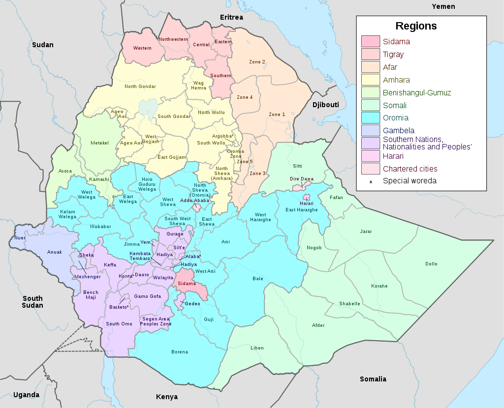 Kaart van Ethiopië met de verschillende regio's