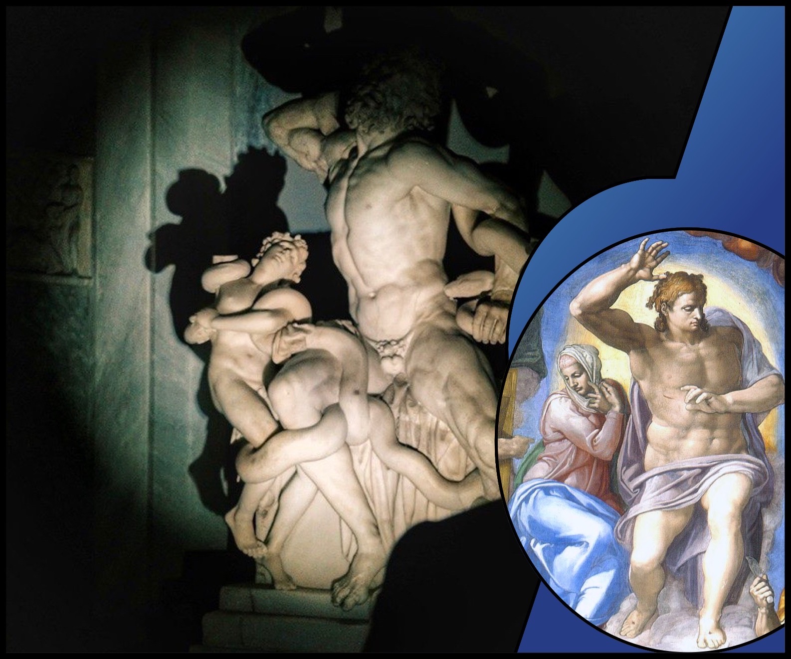 Links: de Laocoöngroep, uit de hellenistische periode. Rechts: Michelangelo's Christus op het fresco van Het Laatste Oordeel in de Sixtijnse Kapel.