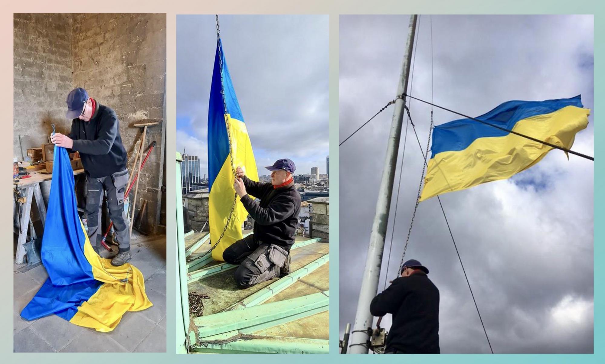 De Oekraïense vlag wordt gehesen op de kathedraal van Brussel, een klein maar betekenisvol gebaar.