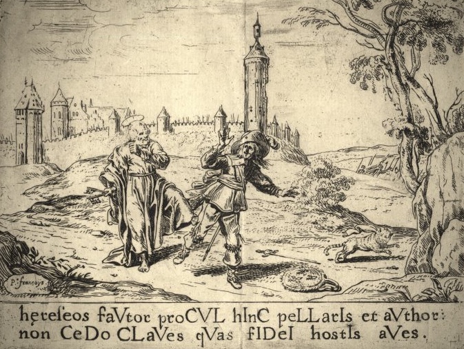 Spotprent met Sint-Pieter en stadssleutels van Leuven. "Hereseos fautor procul hinc pellaris et author: non cedo claves quas fidei hostis aves" (Jij, aanhanger en auteur van ketterij, zal ver van hier verdreven worden; ik geef de sleutels niet).