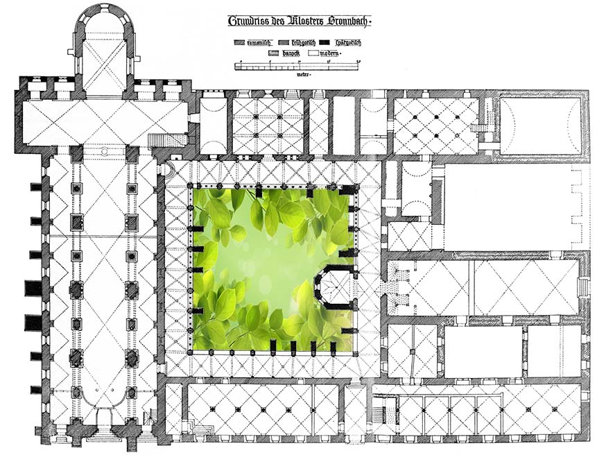 Binnentuin in het hart van de cisterciënzerabdij Bronnbach in het Taubertal, Duitsland 