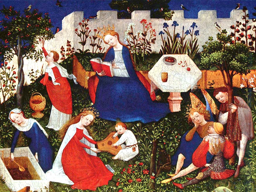 Maria, het kind Jezus en enkele heiligen in een ommuurde tuin. Bovenrijnmeester, De Paradijstuin , ca. 1410 – 1420