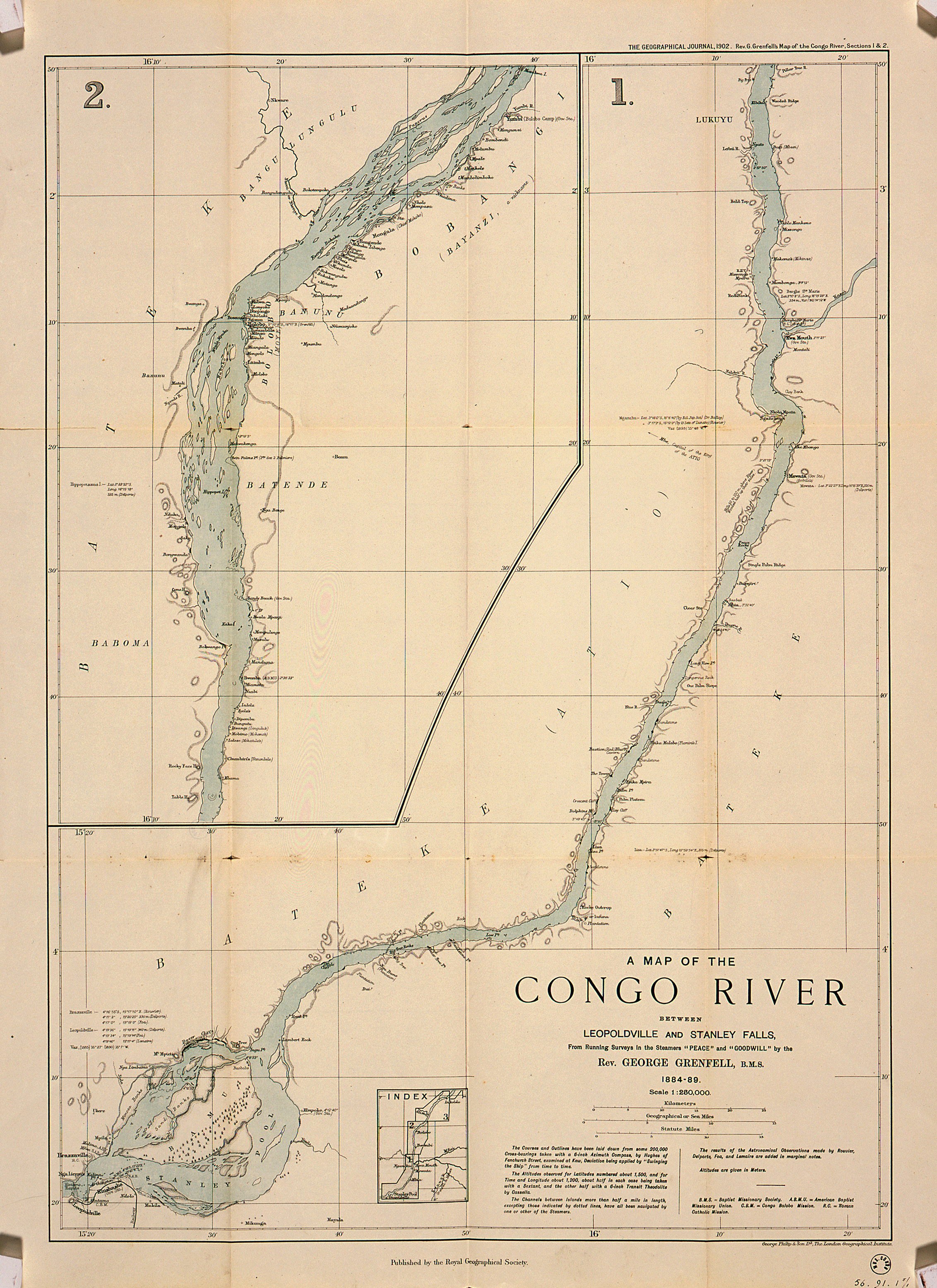 A map of the Congo River between Leopoldville and Stanley Falls, from running surveys in the steamers ‘Peace’ and ‘Goodwill’, George Grenfell BMS, 1884-1889, gedrukt bij de Royal Geographical Society, London, 1902.