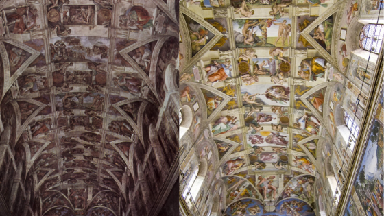 Het plafond van de kapel voor en na de restauratie.