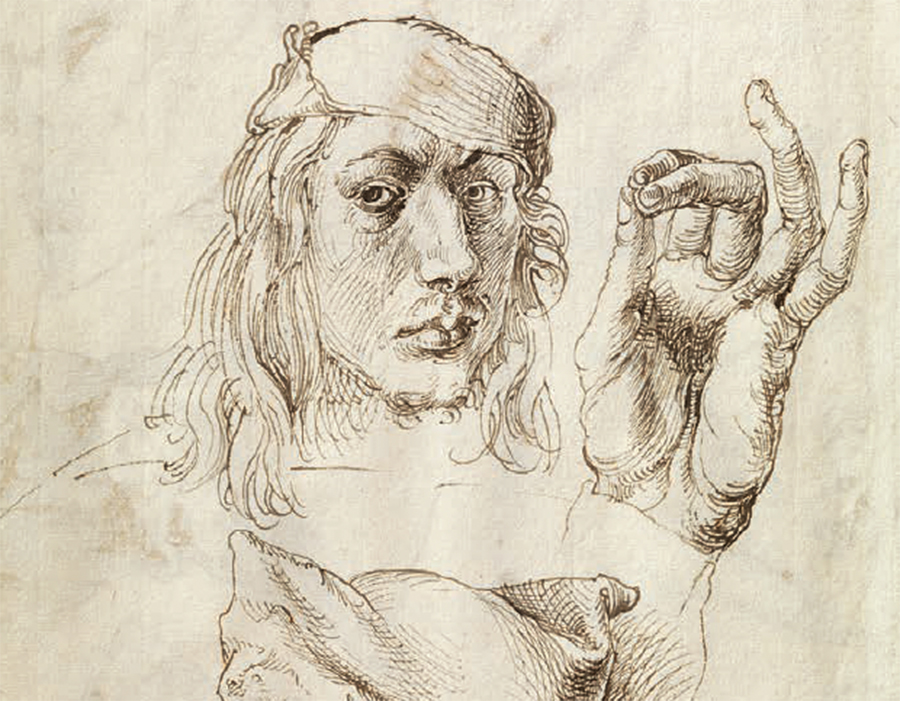 Albrecht Dürer, Zelfportret, studie van een hand en een kussen, 1493, pen en bruine inkt op papier,