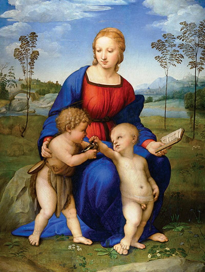 Madonna del cardellino, door Rafaël. Maria met neefjes Jezus en Johannes. Johannes houdt een distelvink vast, symbool van Jezus' passie.