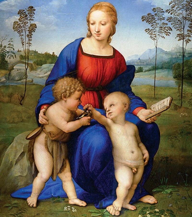 Madonna del Cardellino, Rafaël. Maria met Jezus en Johannes, die een distelvinkje bij heeft, symbool van Christus' passie.