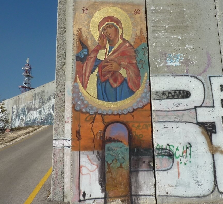 Fresco-icoon van Maria die muren sloopt in Betlehem. © Bénédicte Verroens