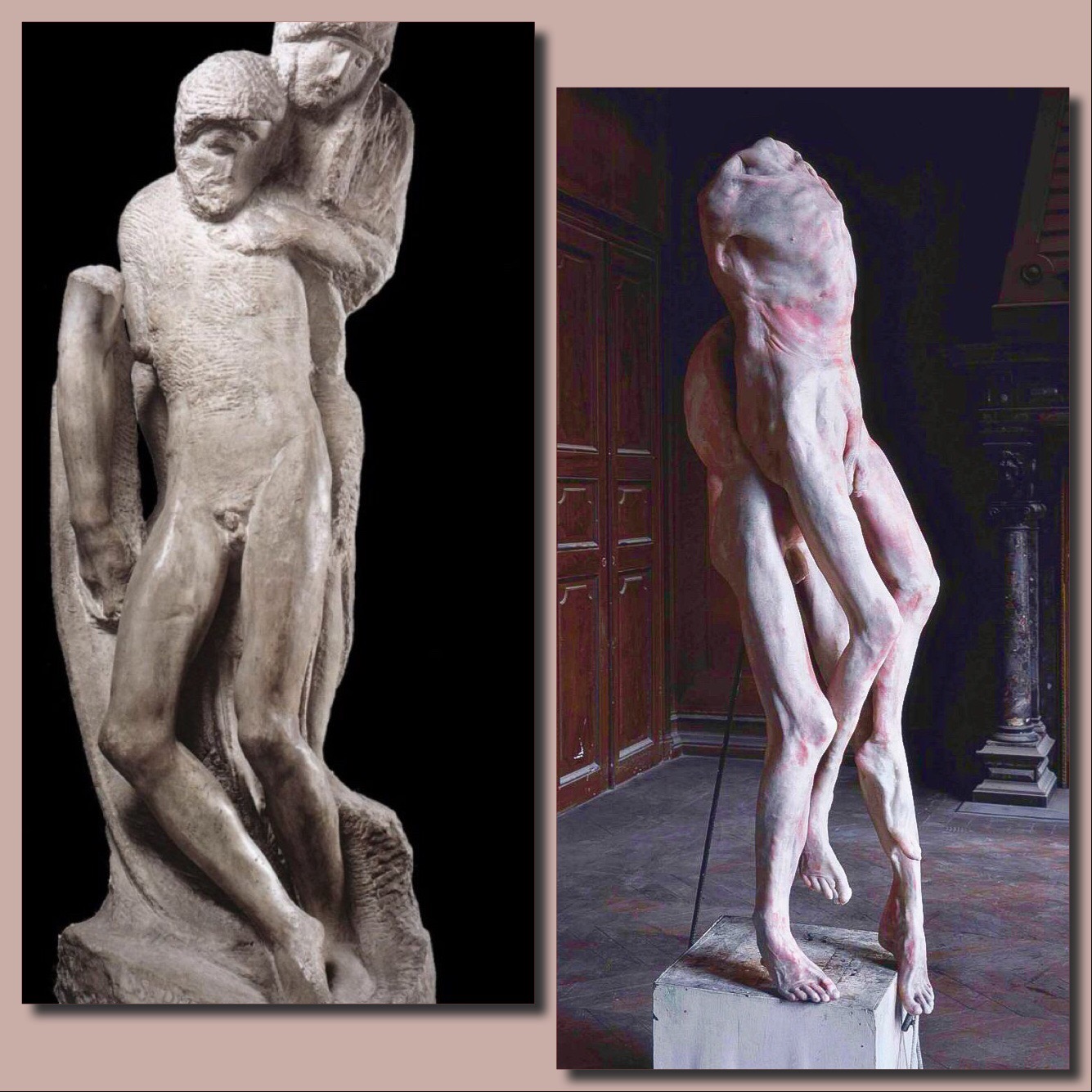 Links: Michelangelo. Rechts: Berlinde De Bruyckere. Tweemaal een staande piëta.