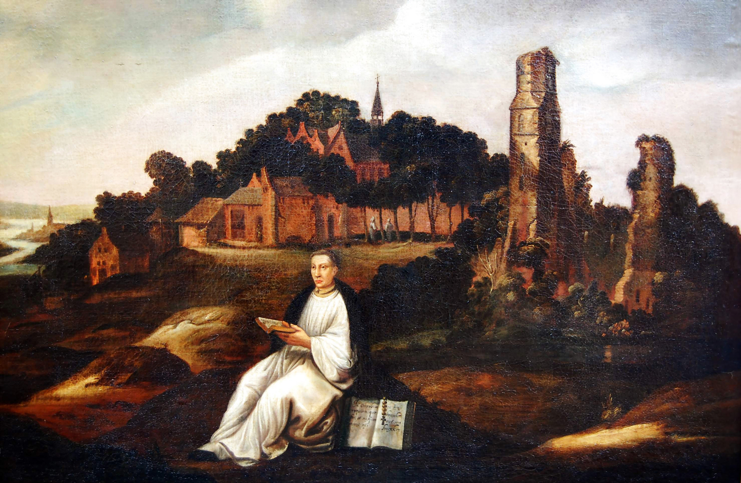 Thomas a Kempis op de Agnietenberg. In het boek staan de woorden: "In omnibus requiem quaesivi et nusquam inveni [nisi in angulo cum libro] behalve in een hoek met een boek." 