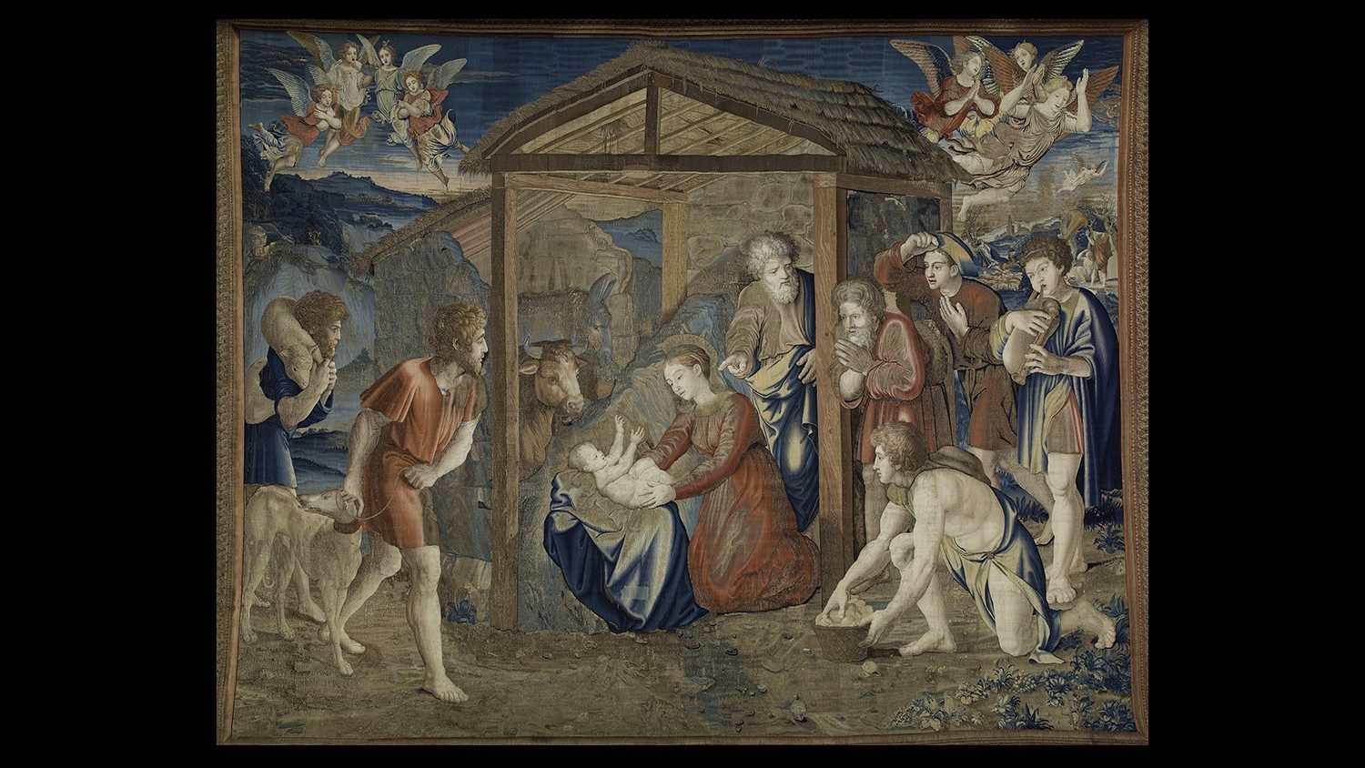 Afbeelding van het kersttafereel op een 16de-eeuws wandtapijt van de Brabantse wever Pieter van Aelst in de Vaticaanse Musea.