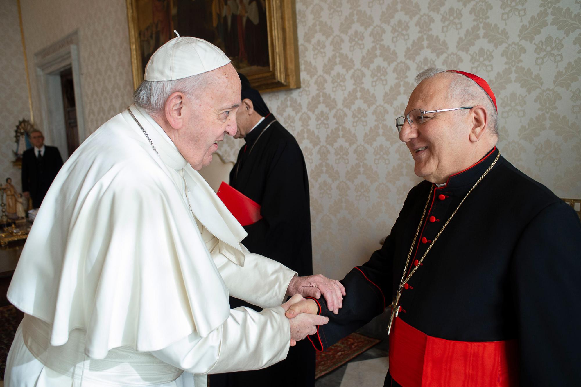 Paus Franciscus met patriarch Louis Raphael I Sako