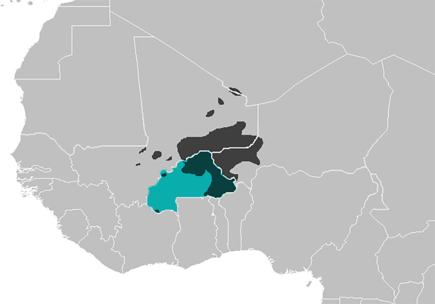 Burkina Faso (groen) en de Islamitische terreur (zwart) in de Sahel