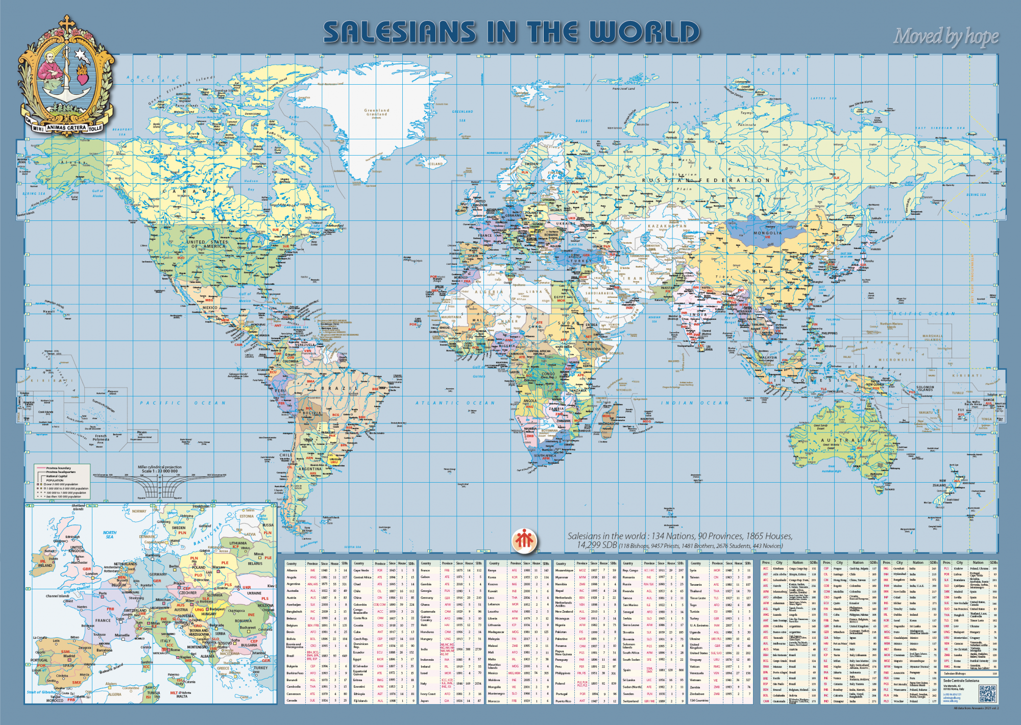 Kaart met de aanwezigheid van de salesianen van Don Bosco wereldwijd