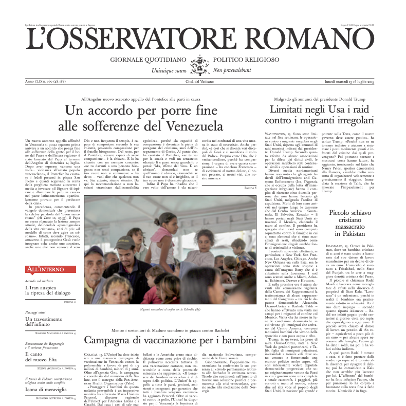 Voorpagina van de Italiaanse editie van L'Osservatore Romano