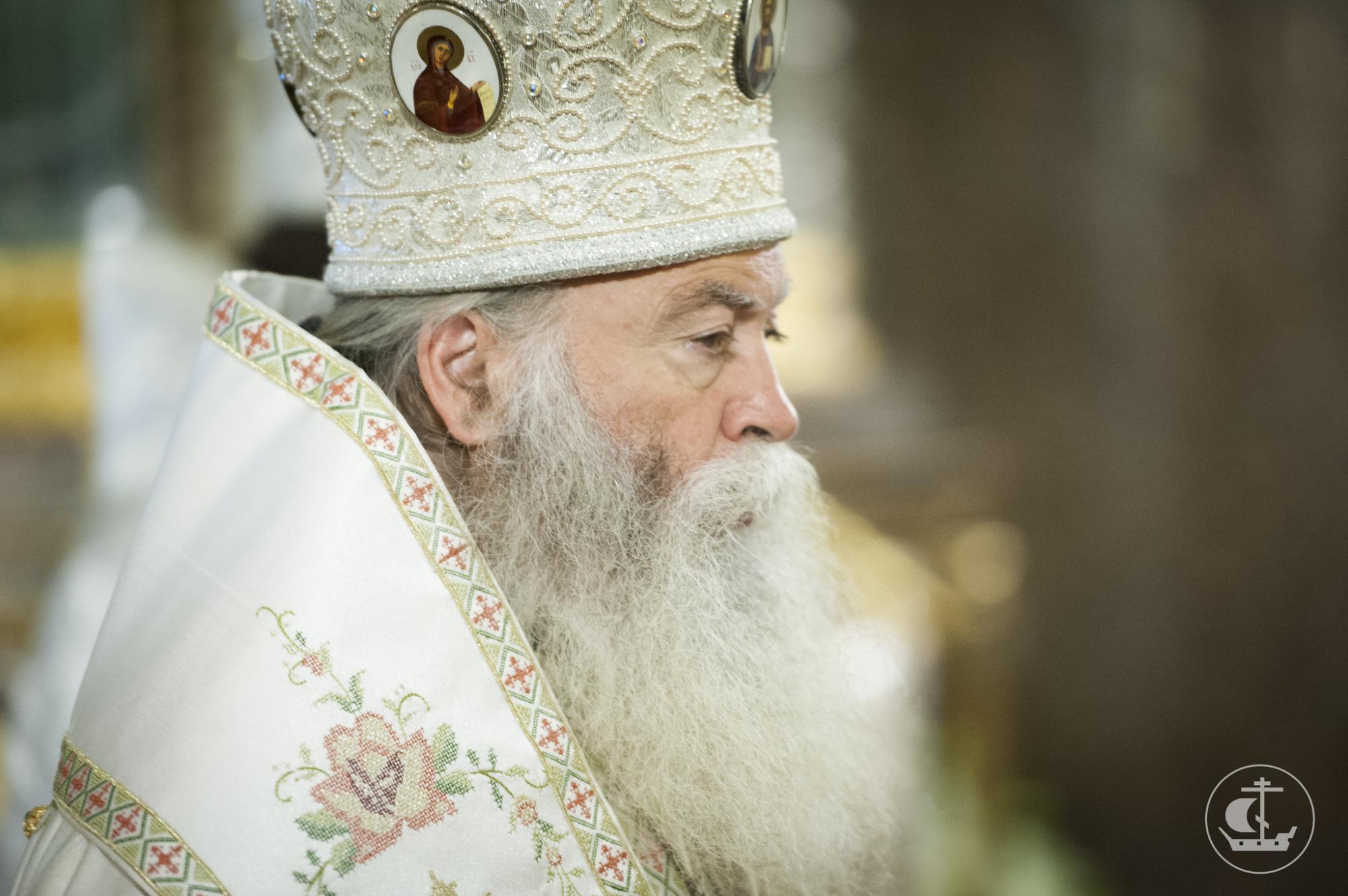 Patriarch Neofit van Bulgarije tijdens een bezoek aan de orthodoxe theologische academie in Sint-Petersburg in 2014