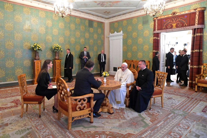 Paus Franciscus met de Letse president Raimonds Vējonis 