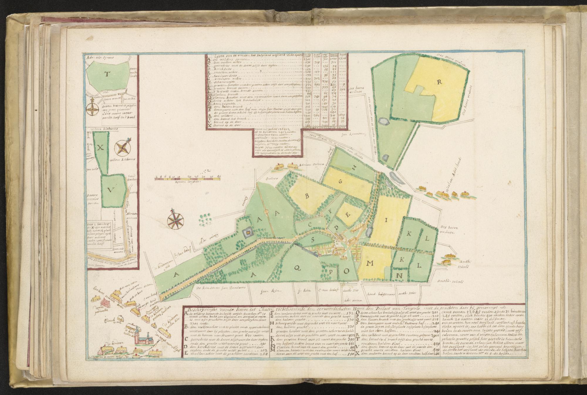 Kaart van de abdijhoeve met omliggende landerijen in Chaam, circa 1700