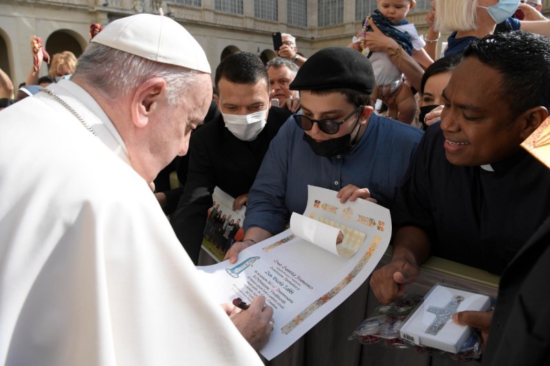 Paus Franciscus tijdens de audiëntie vanmorgen