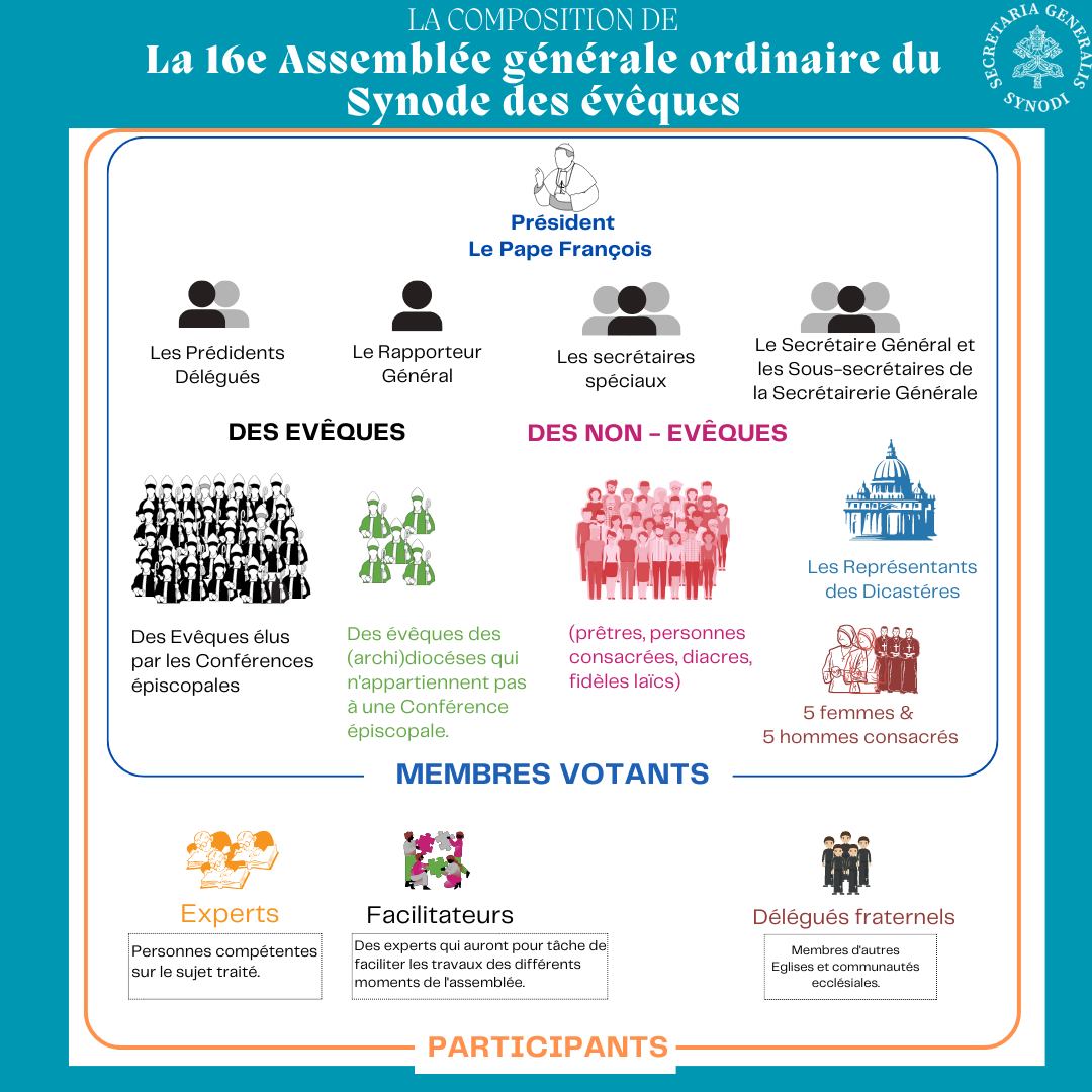 Deze infografiek maakt duidelijk welke onderscheiden groepen deelnemen aan de synode en welke groepen stemrecht hebben.