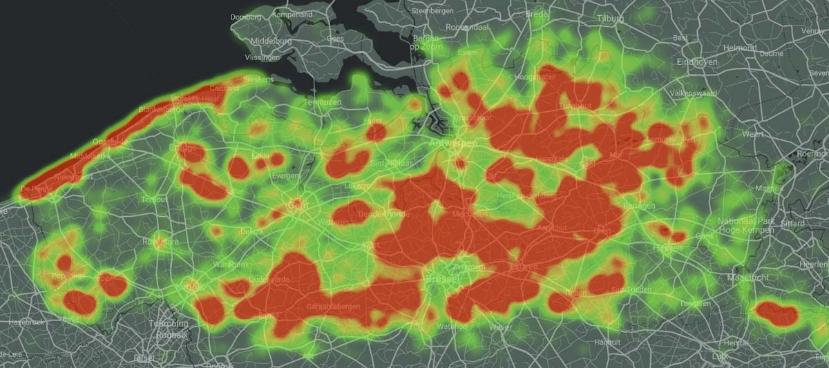 Warmtekaart populairste wandelgebieden in 2021 volgens het Wandelrapport van Wandelknooppunt.be.