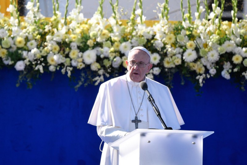 Paus Franciscus tijdens de ontvangst bij de Slovaakse president